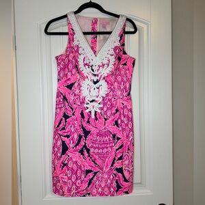 Lilly Pulitzer Gabby Shift Dress V-neck Bright Pink Navy Coco Safari